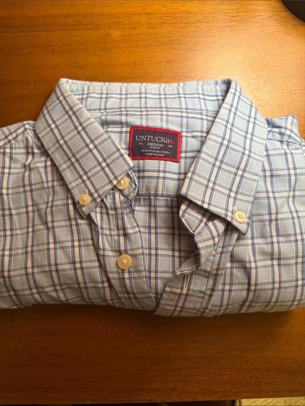 UNTUCKit Men’s Light Blue and White Plaid Button-Down Shirt